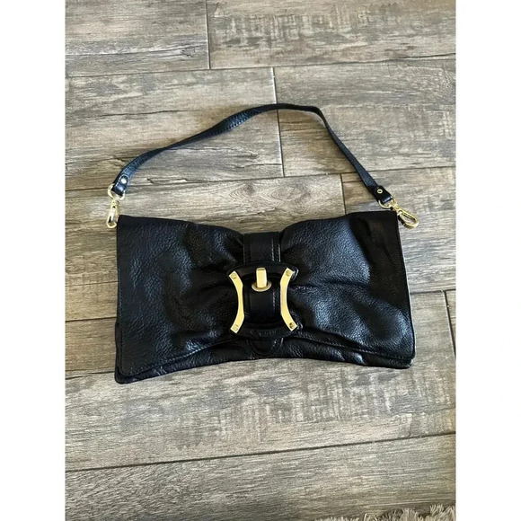 B Makowsky Handbags - B Makowsky Soft Black Leather Brushed Gold Hardware Strap Clutch Handbag